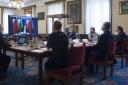 A magyar delegáció Elżbieta Witek asszonyt, a lengyel Szejm elnökét hallgatja – The Hungarian delegation listening to Elżbieta Witek, Marshal of the Sejm